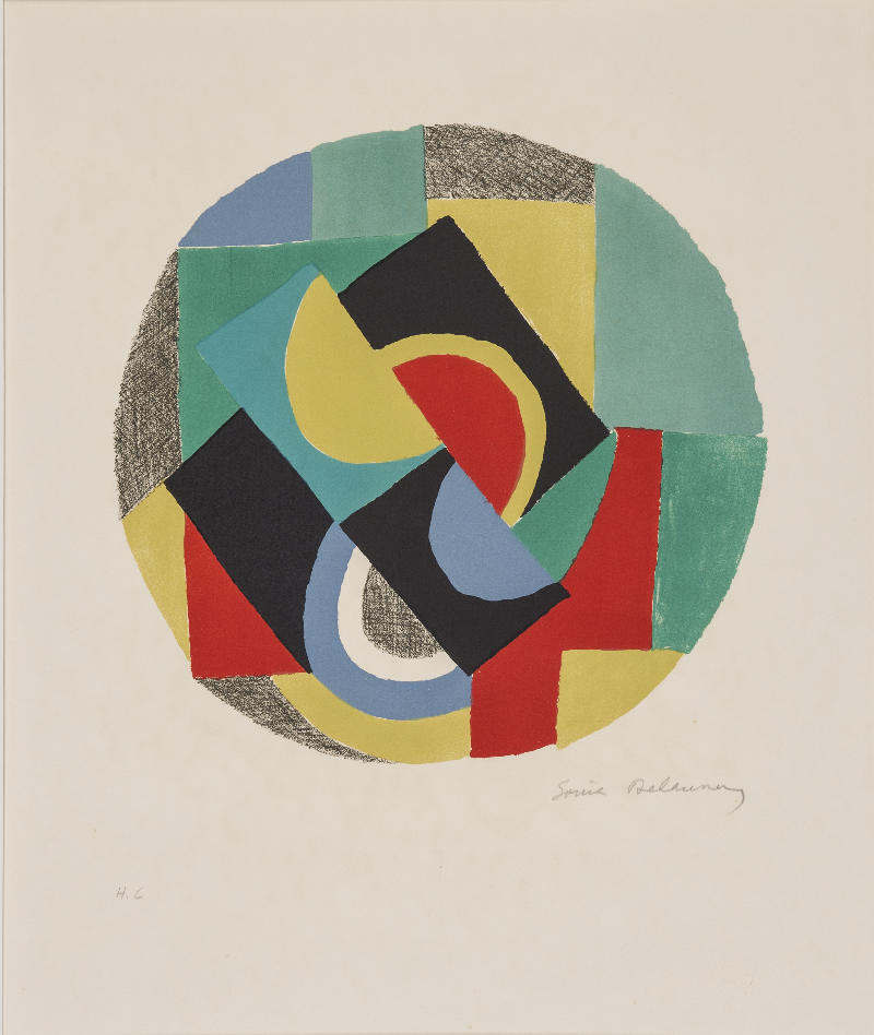 A round, abstract, multicolored collage of different shapes.