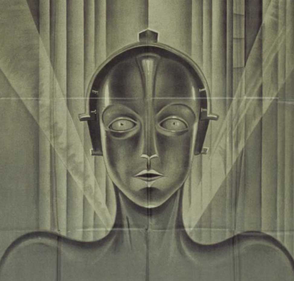 An image from the original Metropolis poster: a monochrome drawing of an android with architecture behind.