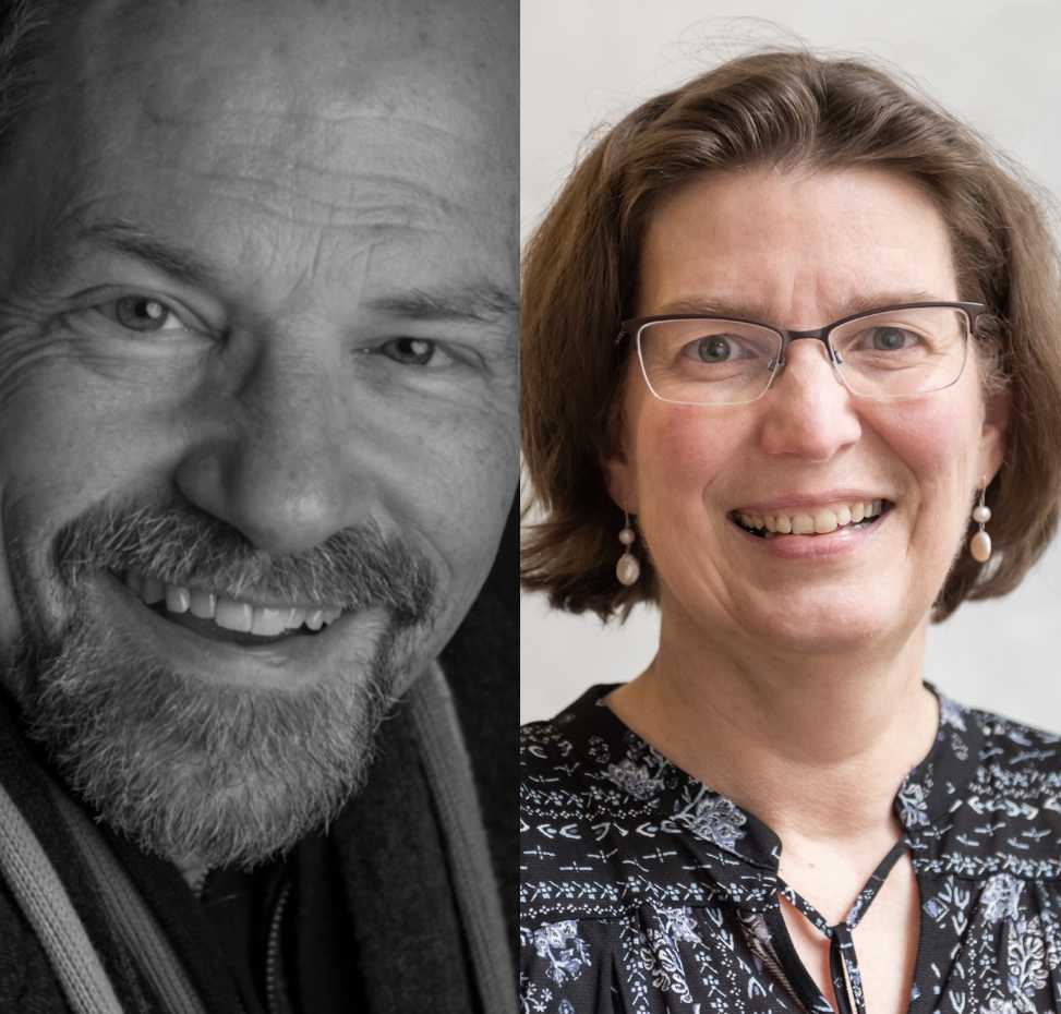 An image showing two photos. The one on the left is of Drew Minter, a person with a mustache and beard. The one on the right is of Carolyn Palmer, a person with long brown hair and glasses.